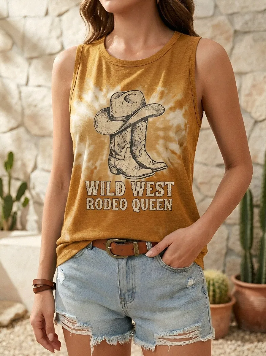 Women's Wild West Rodeo Queen Cowboy Boots Printed Tie-Dye Tank Top