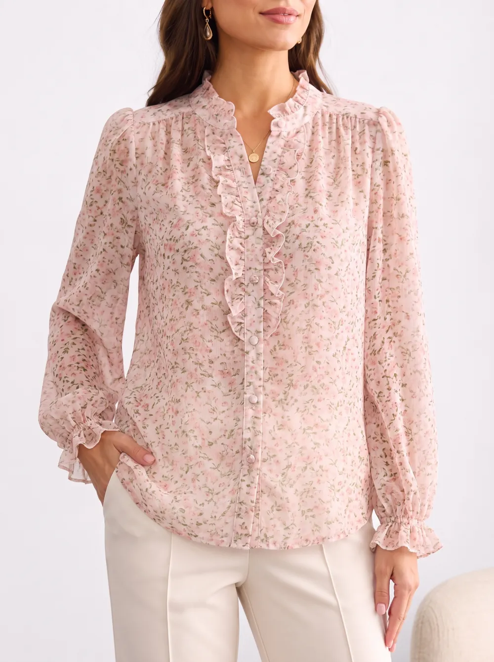 Women's Vintage Floral Ruffle Trim Printed Blouse