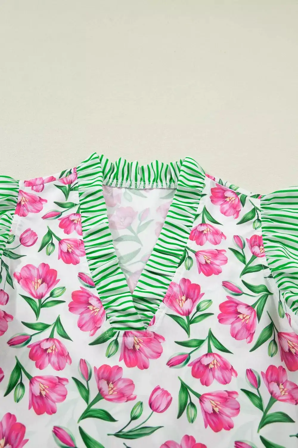Floral Print Striped Ruffle Trim V Neck