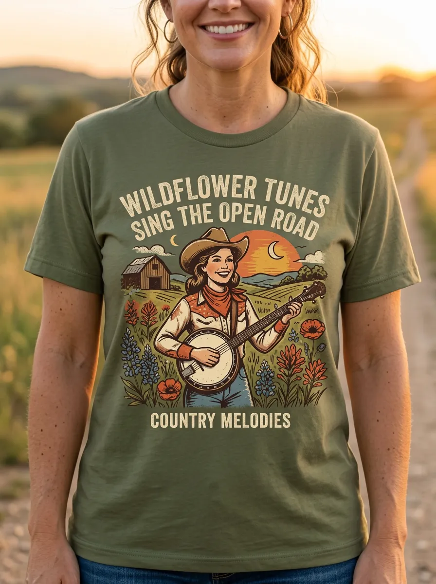 Western-Inspired Country Music Banjo Player Wildflower Crew Neck T-Shirt