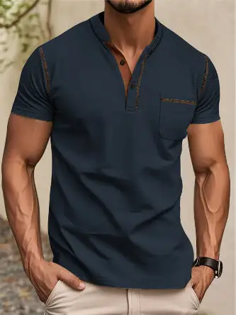 Men's Modern Short-Sleeve Henley With Stand Collar Contrast Stitching And Patch Chest Pocket