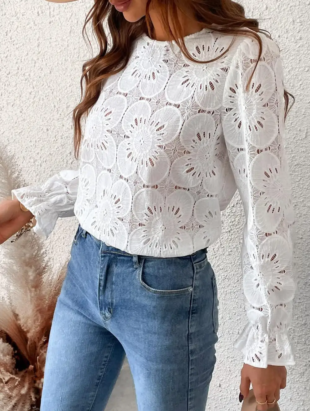 Openwork Lace Long Sleeve Blouse