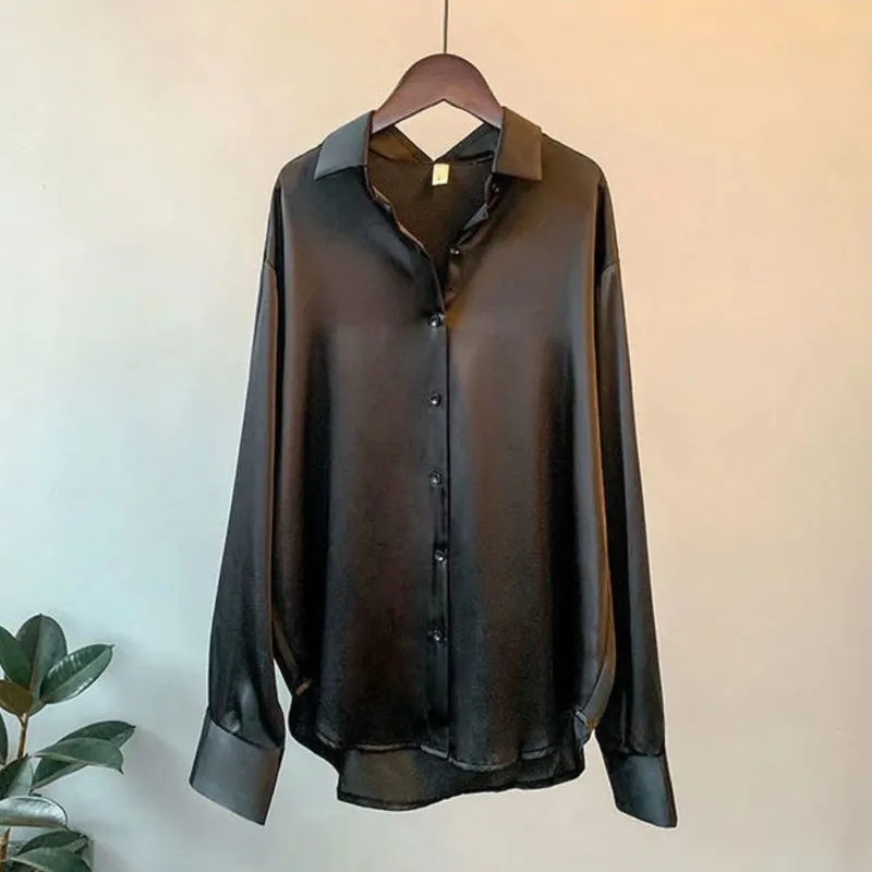 Loose Fit Button Down Satin Blouse