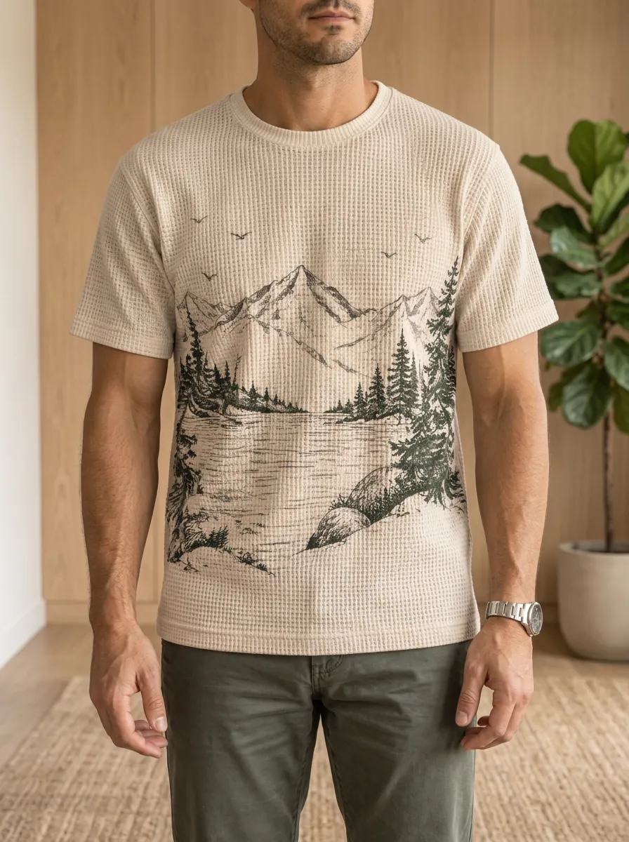 Men's Nature Lover Mountain Forest Landscape Waffle Classic Crew Neck T-Shirt