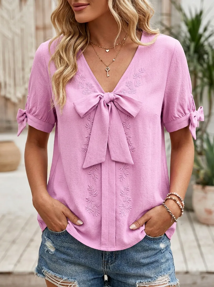 Women's V-neck Bow-detail Short Sleeve Blouse