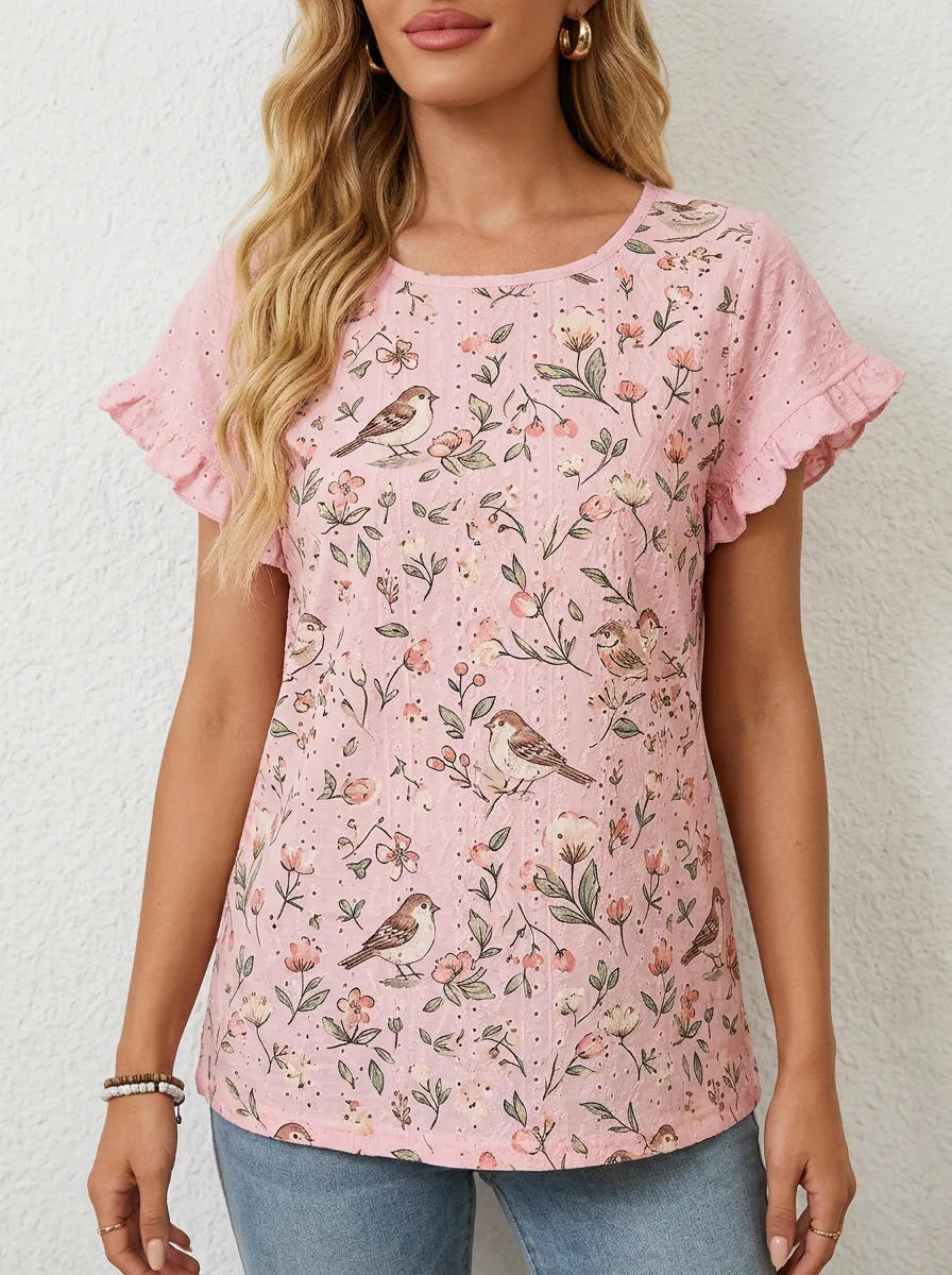 Bird Floral Nature Women's Loose Printed Blouse