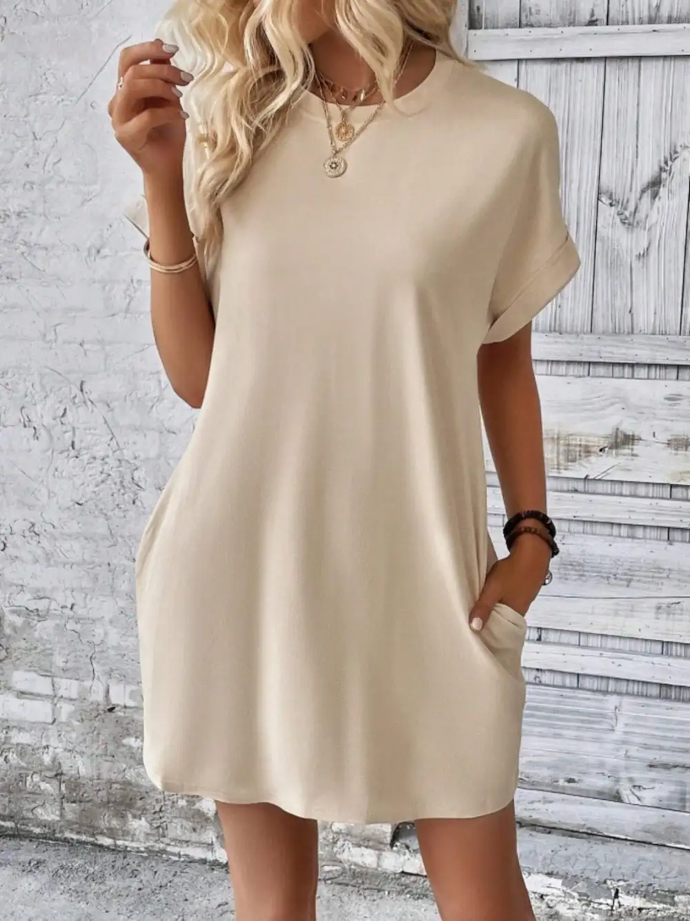 Round-Neck Short-Sleeve Cotton Casual Dress