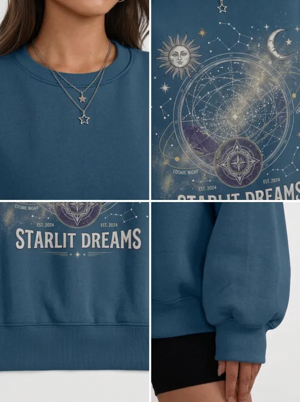 Women's Celestial Starlit Dreams Sun Moon Constellation Printed T-shirt