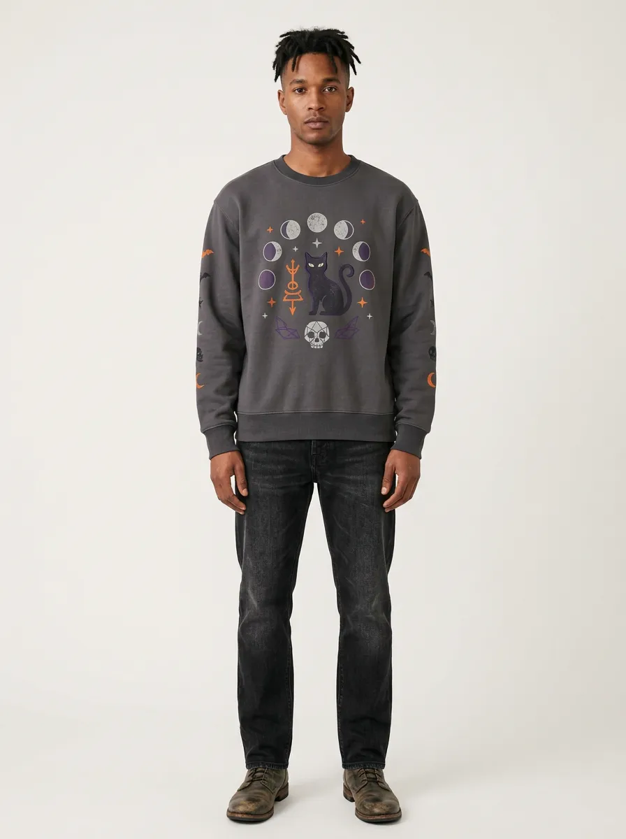 Men's Halloween Witchy Cat Moon Phases Skull Sweatshirt