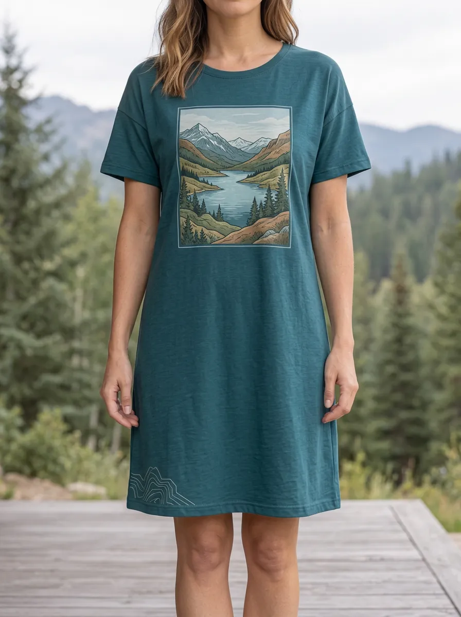Women's Short Sleeve Mountain Landscape Graphic T-Shirt Dress