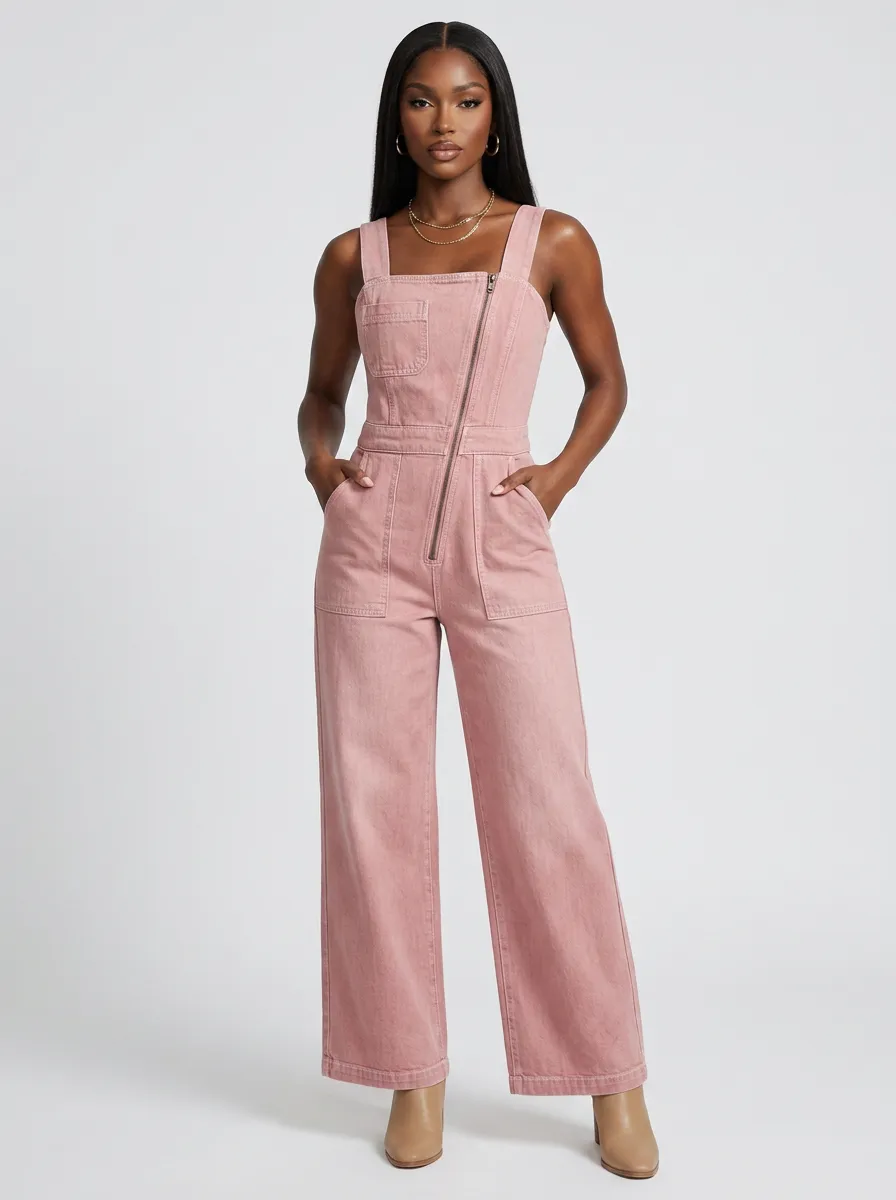 Pink Relaxed Zip-Front Denim Jumpsuit