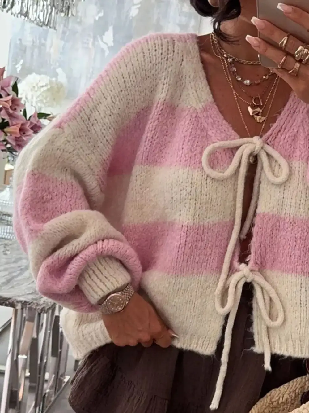 Tie-Front Knit Striped Cardigan