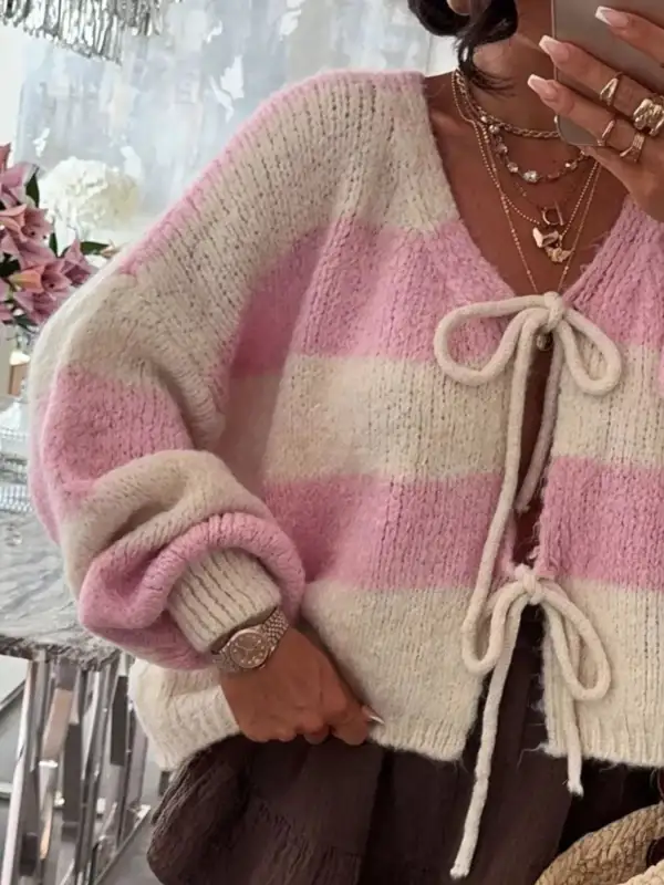 Tie-Front Knit Striped Cardigan