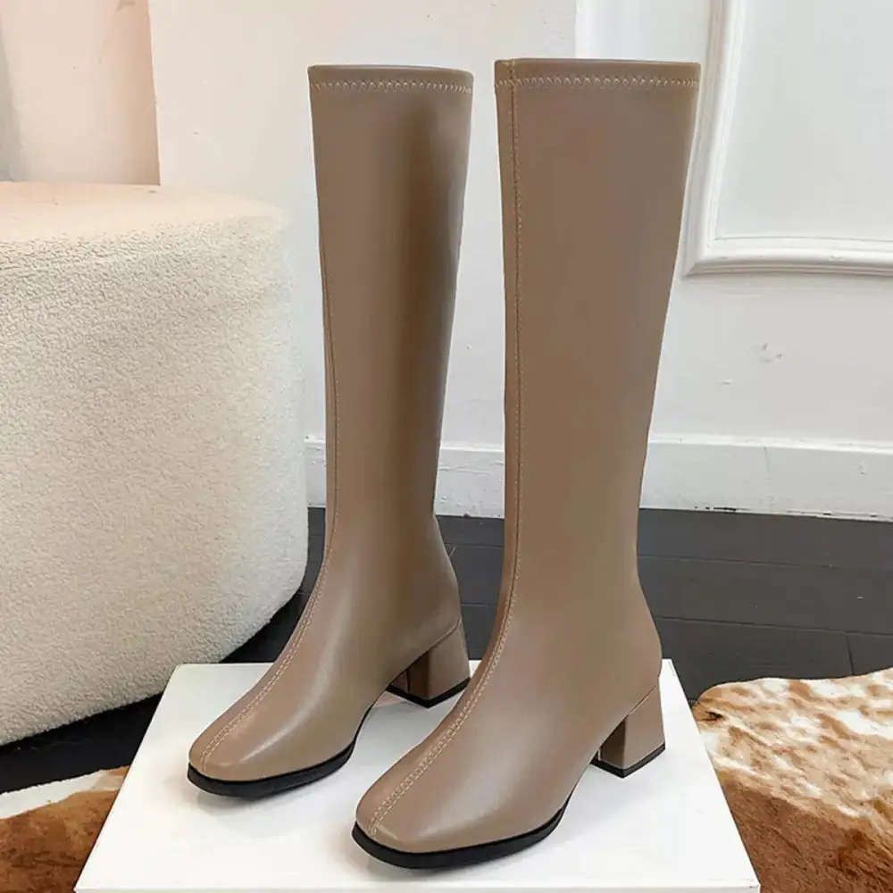 Classic Square Toe Block Heels Boots