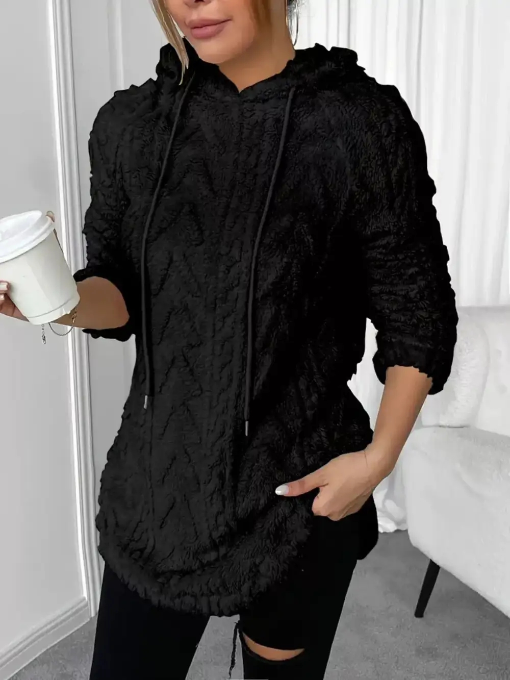 Drawstring Textured Fleece Hoodie