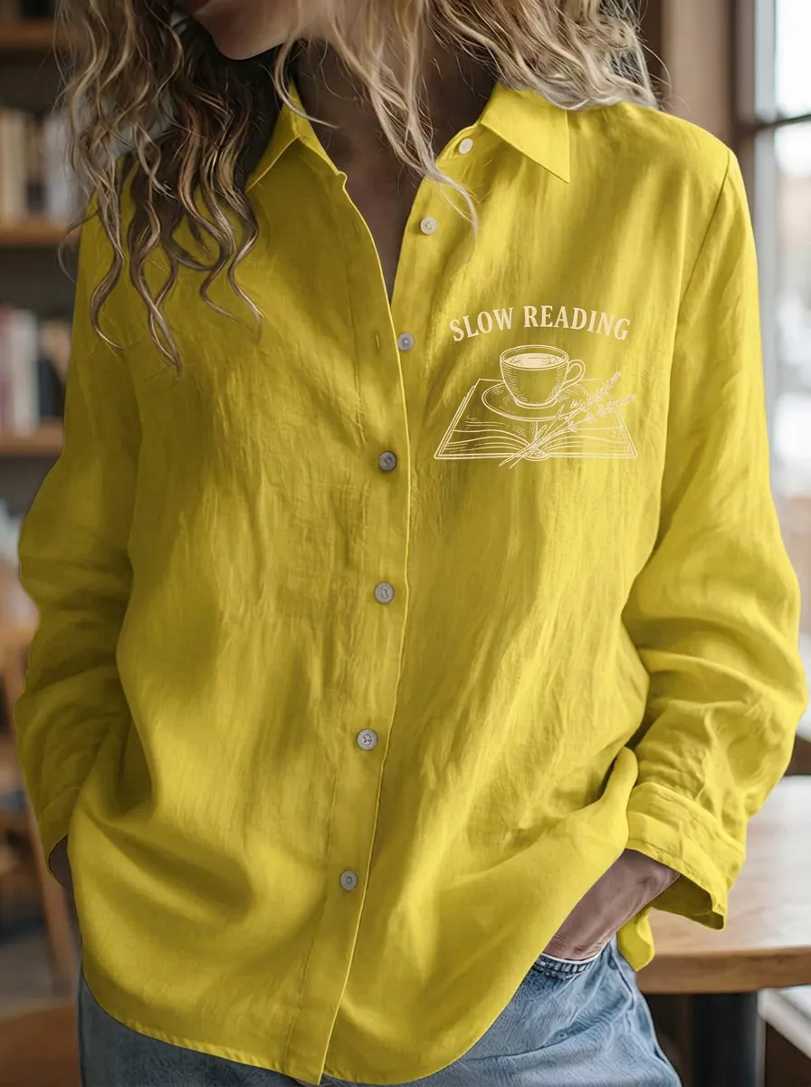 Women's Book Lover Slow Reading Coffee Cup Printed Shirt