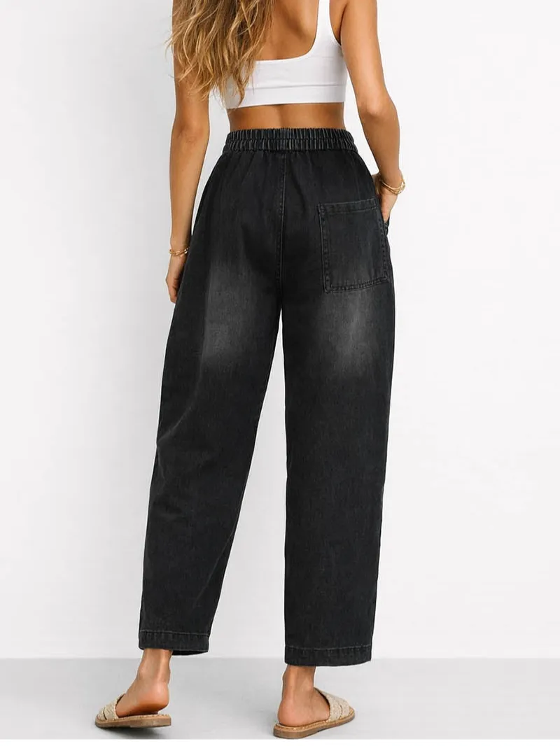 Letter Elastic Waist Distressed Barrel Leg Denim Pants