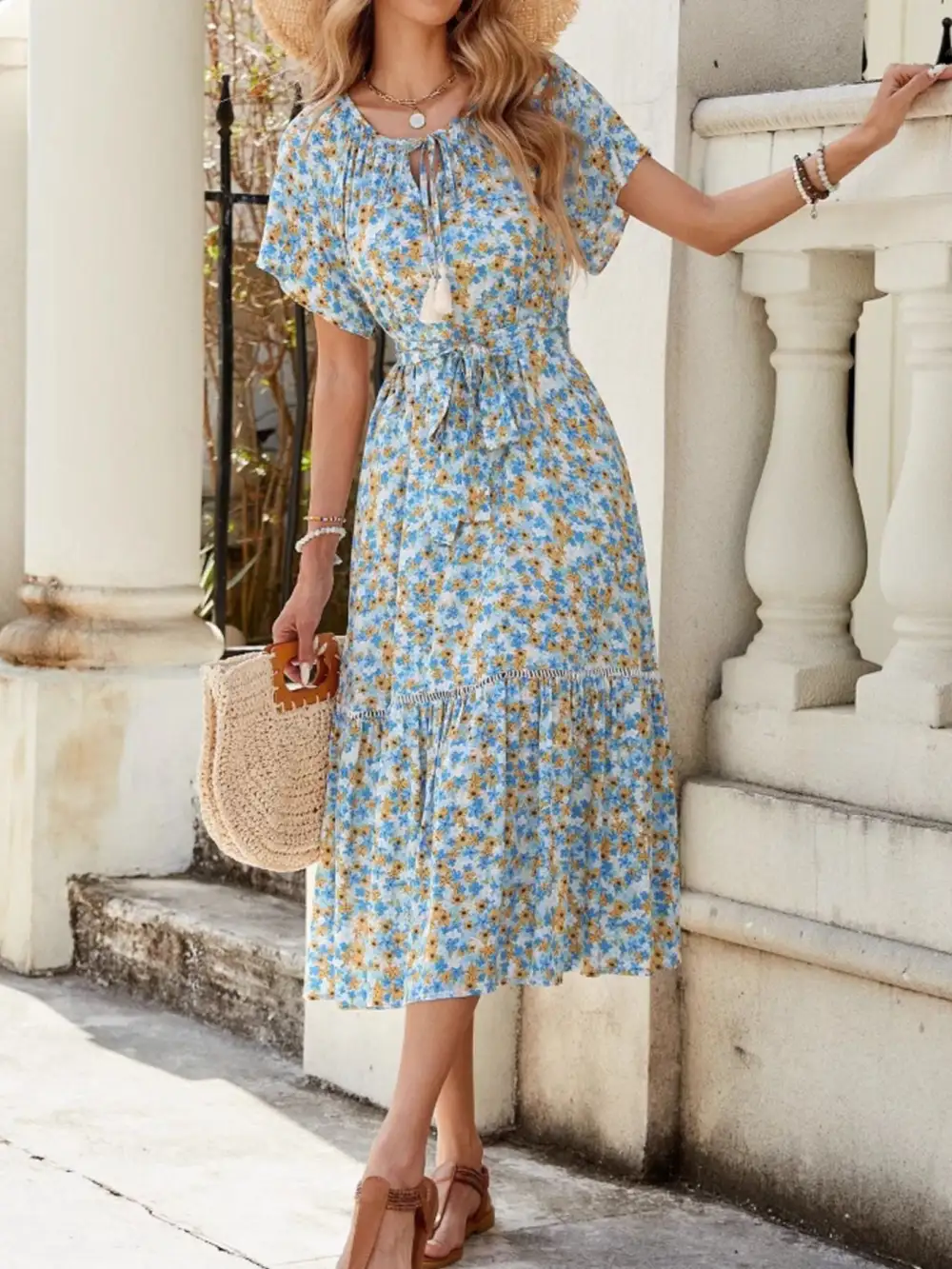 Ruffle Hem Tie Front Midi Dress