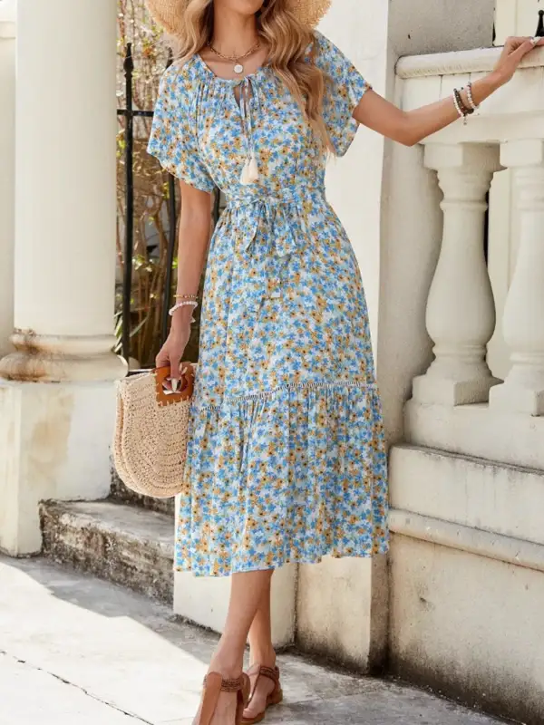 Ruffle Hem Tie Front Midi Dress