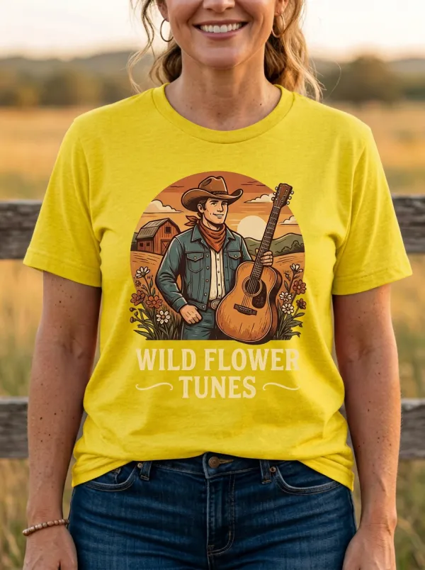 Rustic Country Music Cowboy Guitar Crew Neck T-Shirt