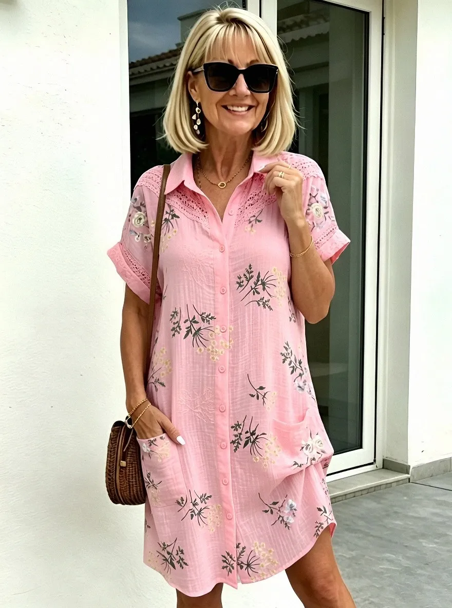 Women's Summer Vacation Floral Embroidered Printed Shirt Dress