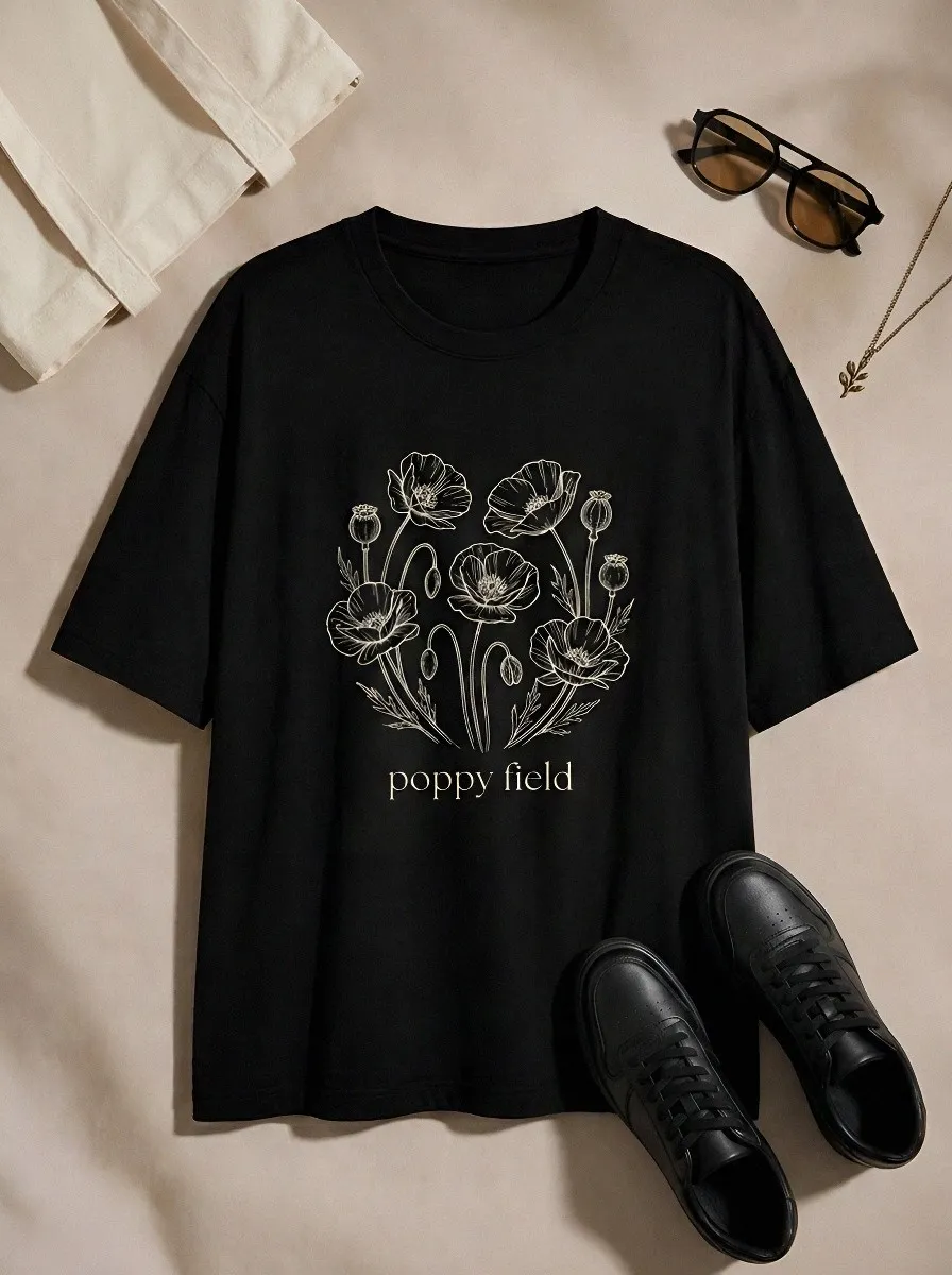 Unisex Nature Lover Poppy Field Floral Line Art Printed T-shirt
