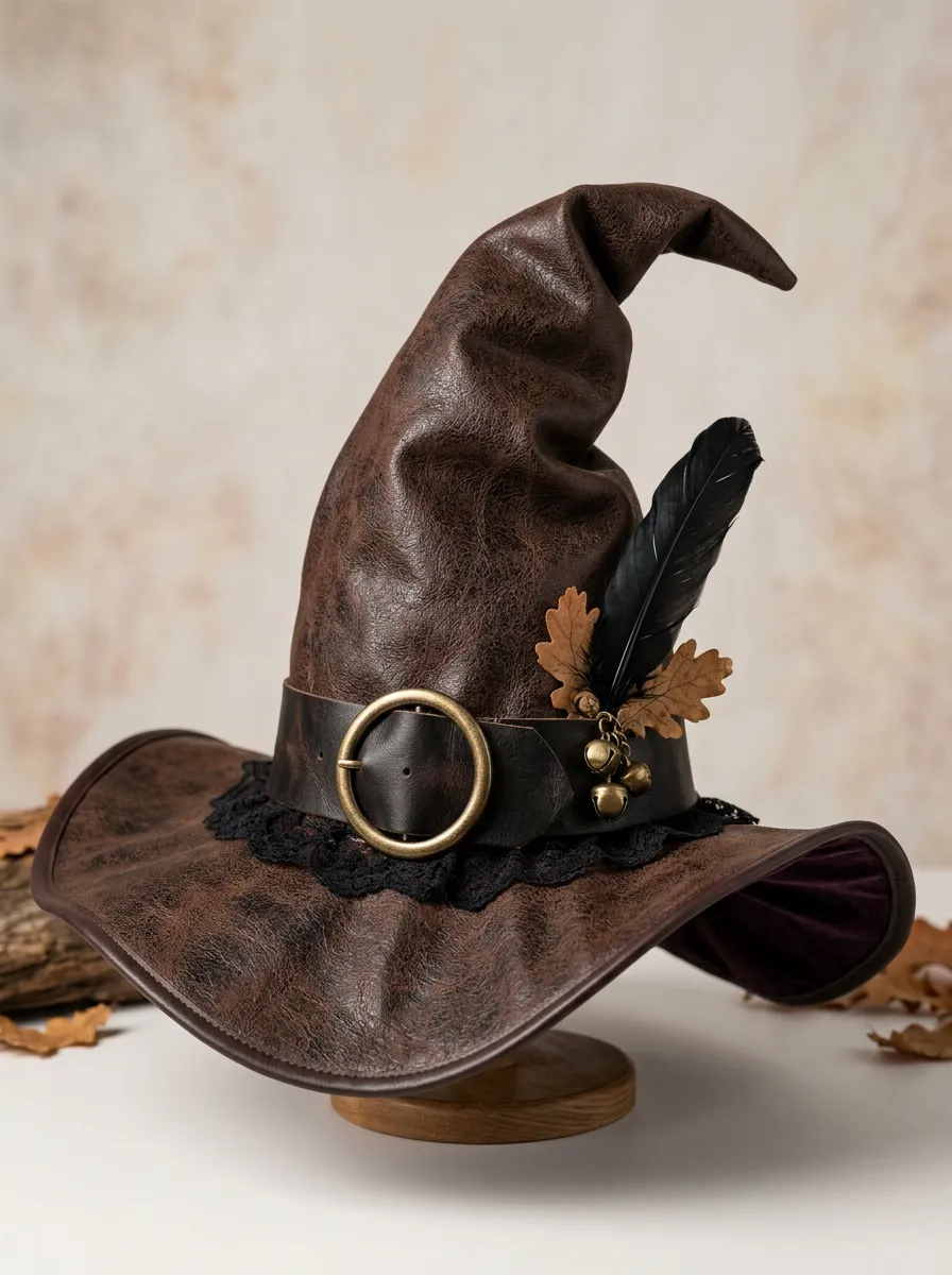 Feather Faux-Leather-Look Halloween Witch Hat