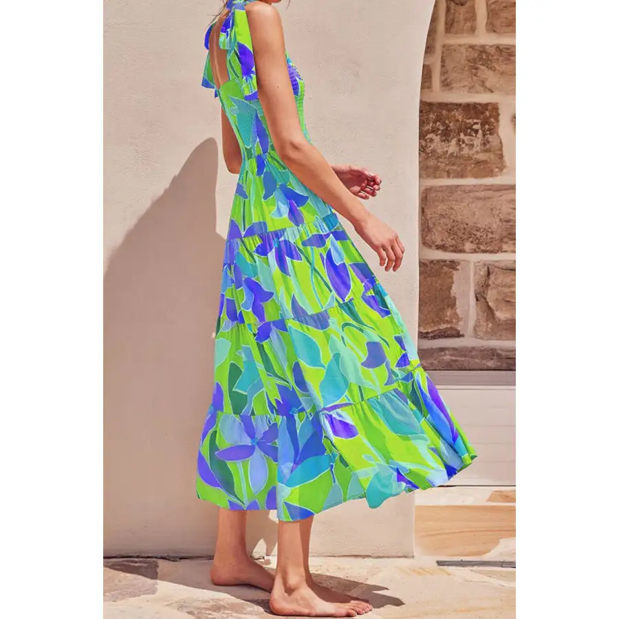 Tie-Shoulder Smocked Midi Dress