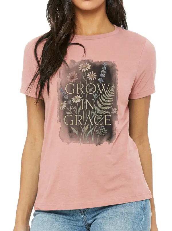 Women's Christian Faith Grow In Grace Floral Printed T-shirt