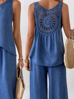 Round-Neck Cutout Pants Matching Set