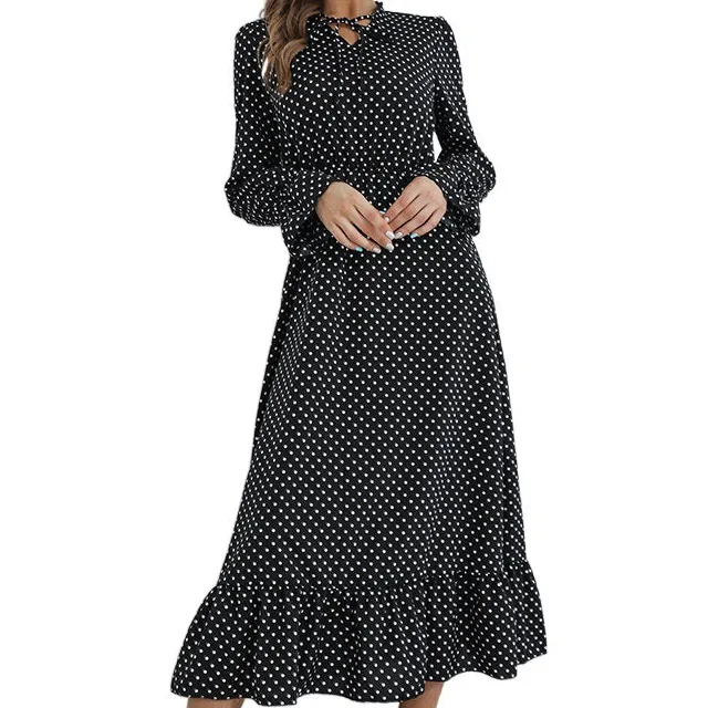 Women's Long-Sleeve Polka-Dot Evening Midi Dress
