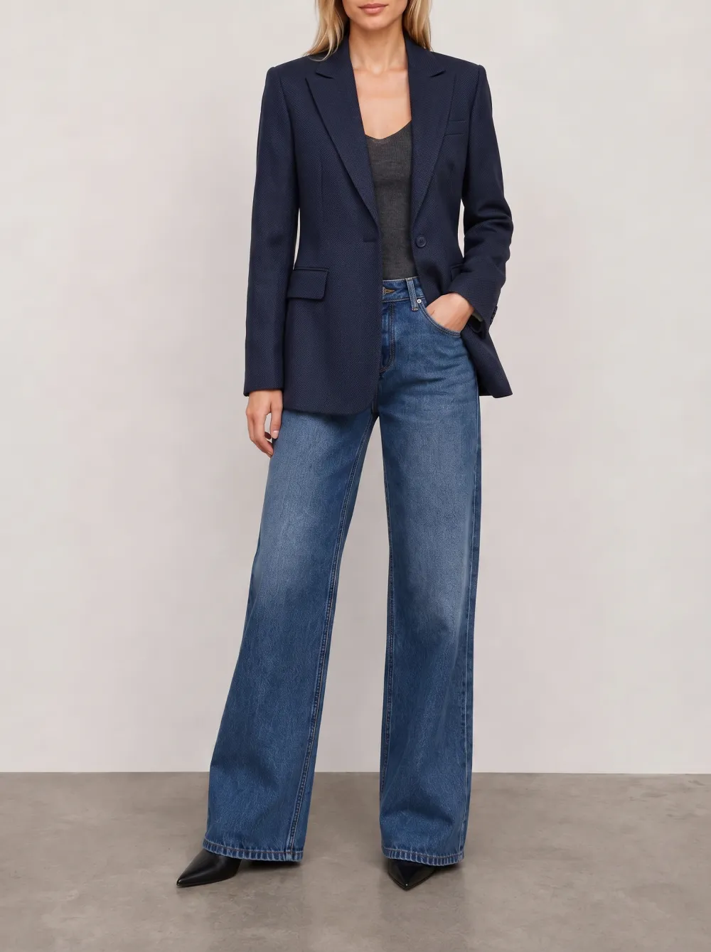 Women's Business Casual Navy Blue Textured Printed Blazer