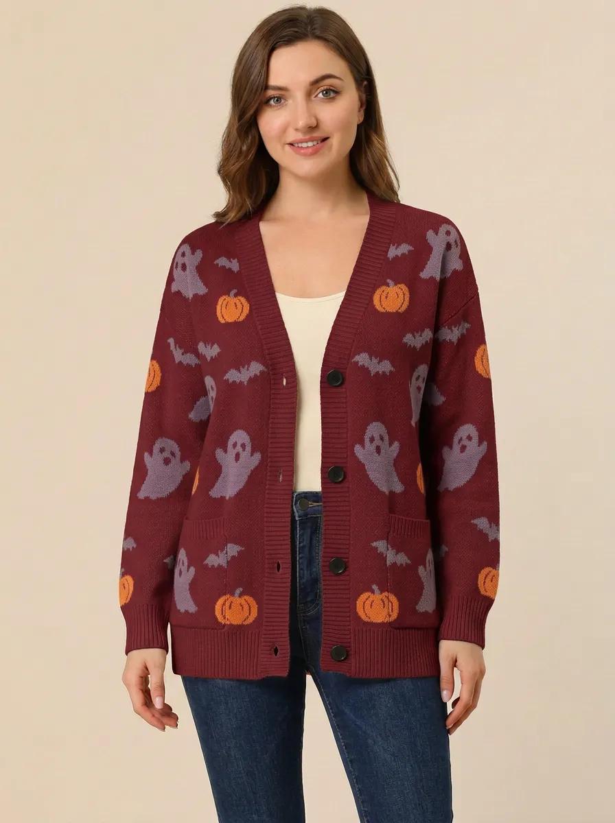 Women's Nightfall Halloween Ghost Pumpkin Bat Knit Cardigan
