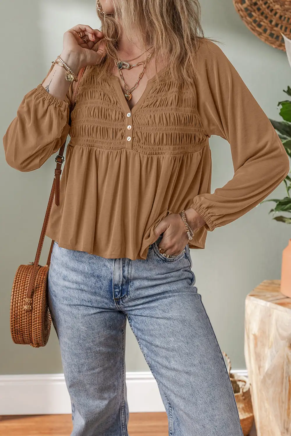 Smocked V-Neck Button Front Blouse
