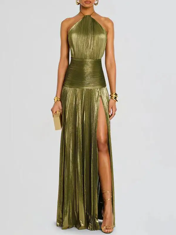 Elasticated Pleated Sleeveless Neck Maxi Dress