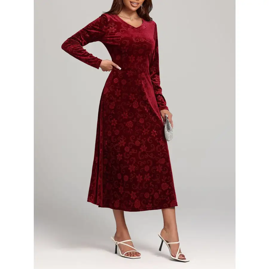 Flower V-Neck Long Sleeve Midi Dress