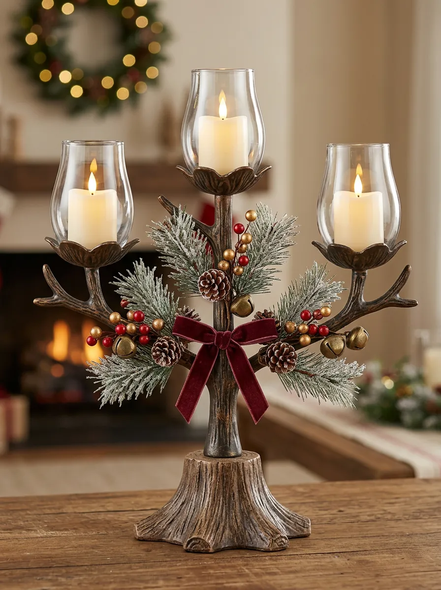Tabletop Pinecone Berry Bow Candle Holder