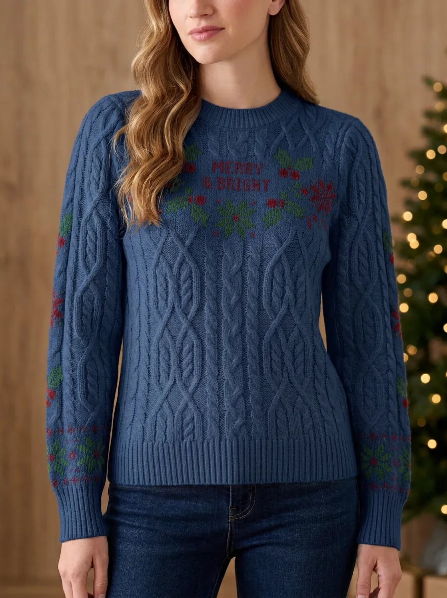 Christmas Merry & Bright Holly Snowflake Pattern Knitted Sweater