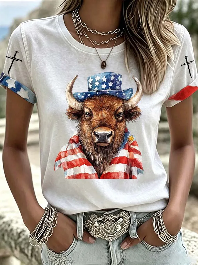 Women'S Western Style American Flag Cross Casual T-Shirt