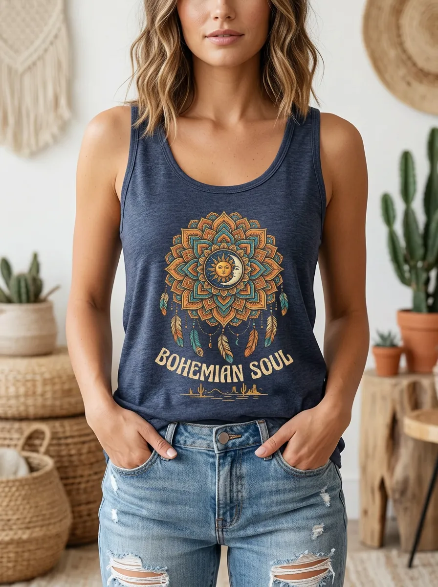 Bohemian Soul Sun Moon Mandala Feather Tank Top