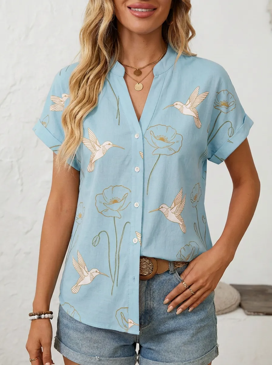 Hummingbird Poppy Floral Women's Loose Printed Shirt