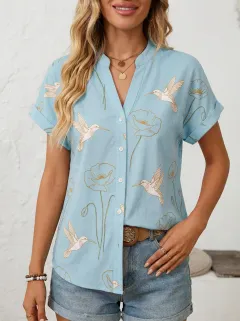 Hummingbird Poppy Floral Women's Loose Printed Shirt