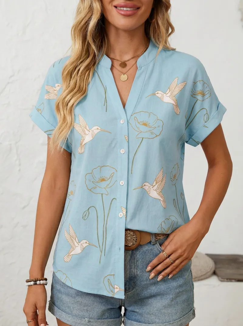 Hummingbird Poppy Floral Women's Loose Printed Shirt