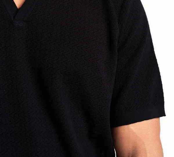 Black Wavy Texture Knit Polo