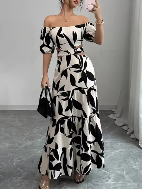 Off Shoulder Cutout Leaf Print Maxi Dress