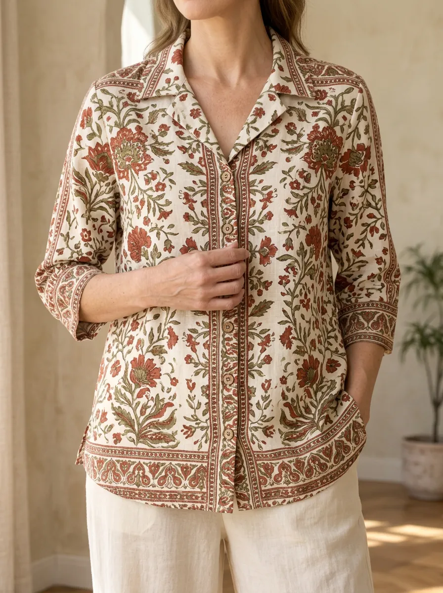 Women's Vintage Floral Botanical Printed Button Down Shirt