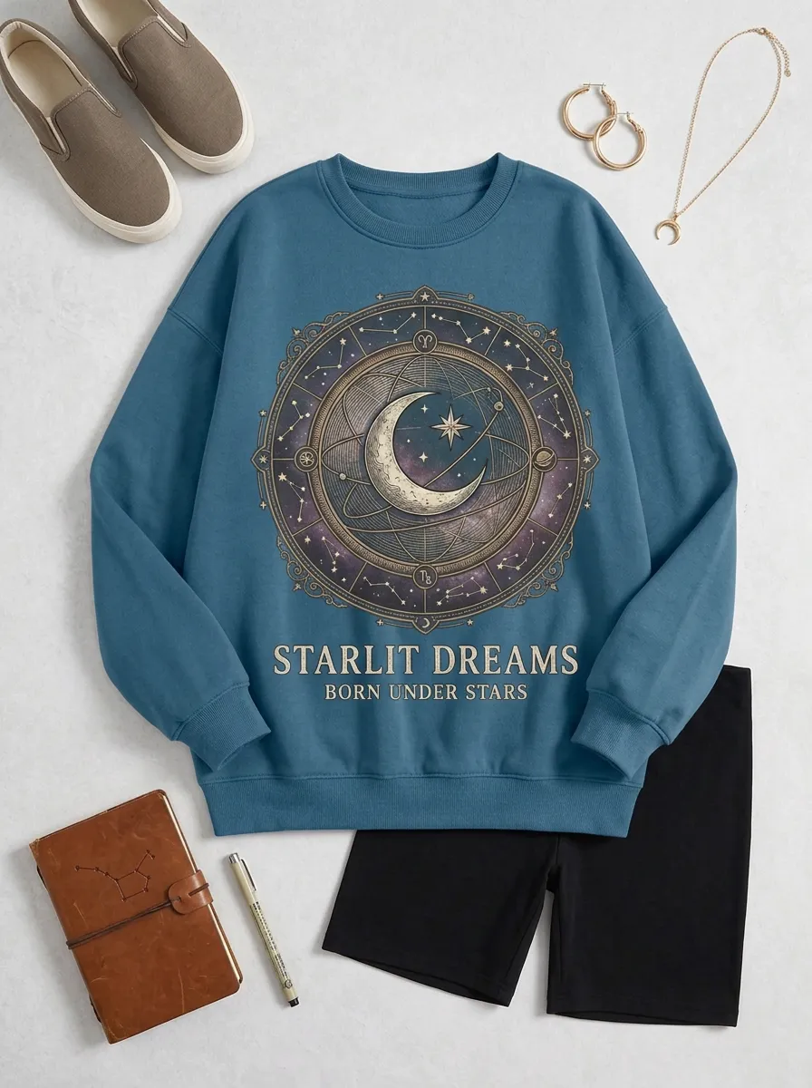 Women's Astrology Lover Celestial Moon Zodiac Printed T-shirt