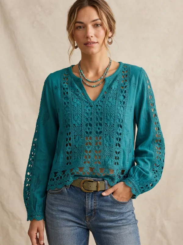 Women's Western Sage Green Embroidered Crochet Detail Blouse