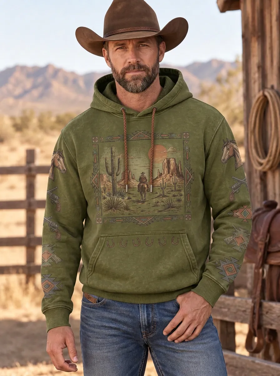 Men's Frontier Inspired Western Cowboy Horse Desert Graphic Hoodie
