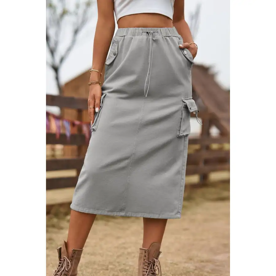 Drawstring Waist Slit Denim Skirt